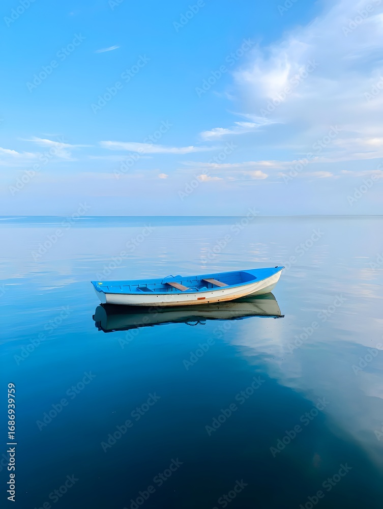 Naklejka premium A serene scene of a small boat floating peacefully on calm waters under a clear sky