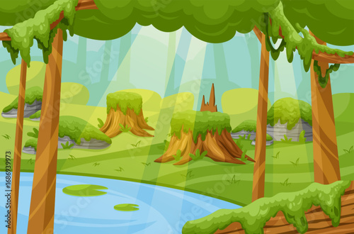 Cartoon moss background. Lichen landscape for game. Vegetation green. Magical wetland swamp. Sunlight rays. Wood stump. Mossy trees. Textured bog organic plants. Vector forest garish fantasy scenery