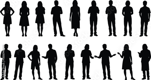 Black silhouette vector set of diverse male and female figures in various standing poses, gestures, and clothing styles for design reference