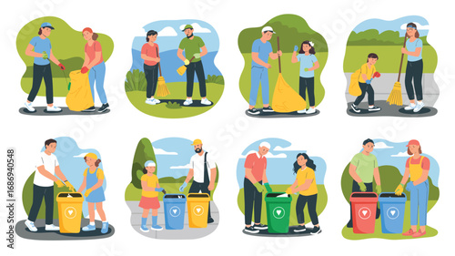 Diverse people participating in community cleanup and recycling efforts