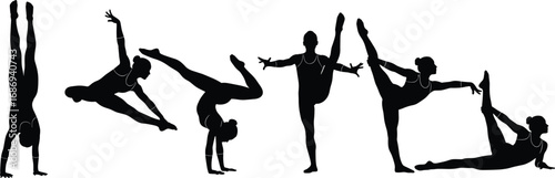 Black silhouette vector set of gymnasts performing various poses and movements showcasing flexibility, balance, strength, acrobatics, and artistic gymnastics skills