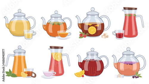 Collection of eight decorative glass teapots filled with colorful herbal teas and fruit infusions