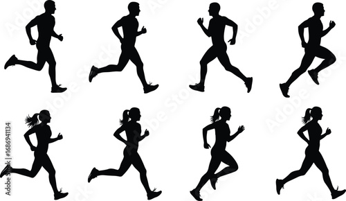Black silhouette vector set of male and female runners in various running poses, showcasing motion, fitness, sports, and athletic training reference