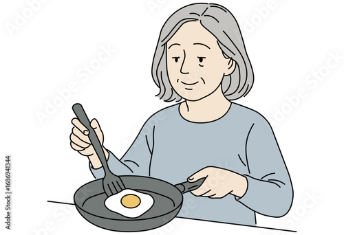 Senior woman cooking sunny side up egg in frying pan illustration for breakfast preparation, healthy lifestyle, family cooking, nutrition, senior life, culinary education, and kitchen related design p