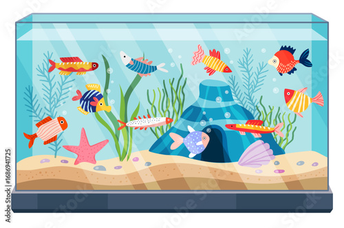 Aquarium cartoon. Sand background, different fish vibrant, sea animal plant in ocean. Tropical water with aquatic life, swim fishes, exotic coral. Vector cute icon, cartoon flat isolated illustration