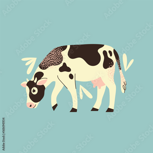 Spotted cow eating grass vector illustration. Cute farm animal, dairy livestock, cartoon character. Flat graphic element for dairy farm, agriculture concept
