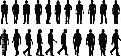 Black silhouette vector set of people in various standing and walking poses, showcasing human posture, movement, fashion style, and body reference