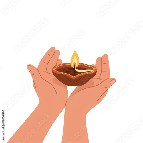 Warm glowing traditional clay diya gently held and admired by hands in a peaceful flat 2D vector illustration, radiating a serene light on a clean white background.