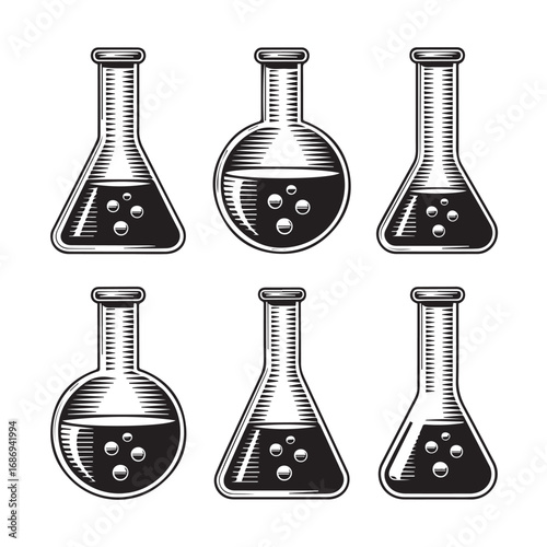 Illustration of six laboratory flasks with liquid isolated on white background