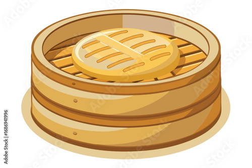 Isometric Illustration of a Bamboo Steamer with Lid Containing a Dumpling or Bun Ready for Cooking and Serving