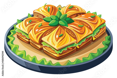 Delicious Baklava Pastry on a Decorative Plate, a Sweet Treat of Flaky Layers and Nutty Filling Delighting Dessert Lovers