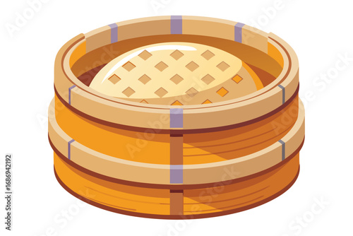Isometric Illustration of a Bamboo Steamer with Lid Containing a Dumpling or Bun Ready for Cooking and Serving