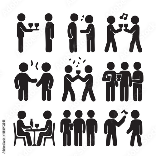 A collection of stick figure people enjoying drinks isolated on white background