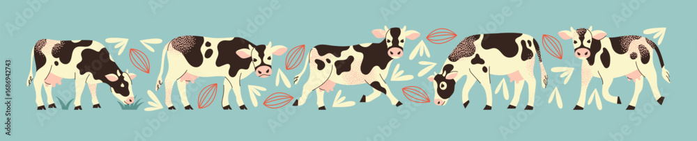 Naklejka premium Set of cows different poses standing, grazing, cute farm. Dairy farming and agriculture concept. Flat vector illustration.