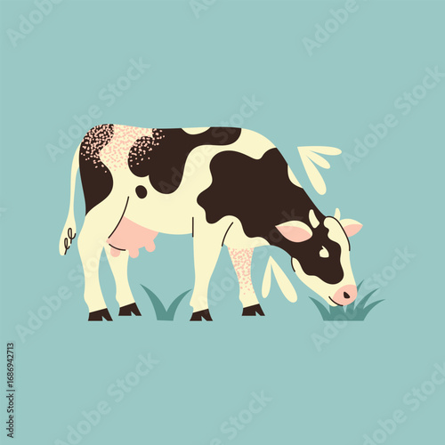 Spotted cow eating grass vector illustration. Cute farm animal, dairy livestock, cartoon character. Flat graphic element for dairy farm, agriculture concept