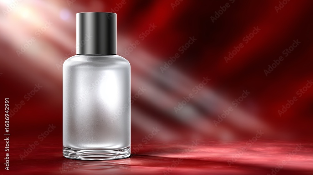 Naklejka premium Elegant glass bottle standing on a red and silver background with soft lighting