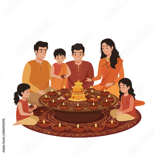 A joyful family, including children and adults, celebrates Diwali, gathered around a table adorned with multiple illuminated diyas, presented as a clean flat 2D vector illustration.