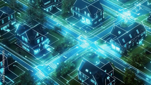 Futuristic smart city connecting houses with glowing lines at night