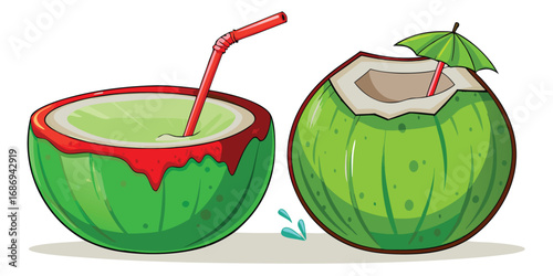 Cartoon Coconuts with Straws and Red Umbrella Tropical Getaway Beverage Refreshment Summer Vacation Beach Vibe Quench Thirst Delicious Exotic Fruit