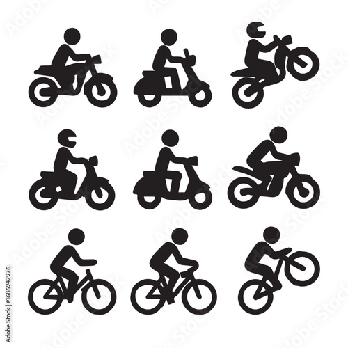 Various motorcycle and bicycle riders isolated on white background in silhouette