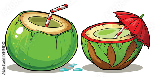 Cartoon Coconuts with Straws and Red Umbrella Tropical Getaway Beverage Refreshment Summer Vacation Beach Vibe Quench Thirst Delicious Exotic Fruit