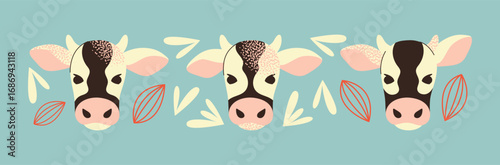 Cute cows head vector. Dairy farm animals, livestock, and agriculture themed graphic element. Flat doodle illustration, perfect for food packaging or fabric design.
