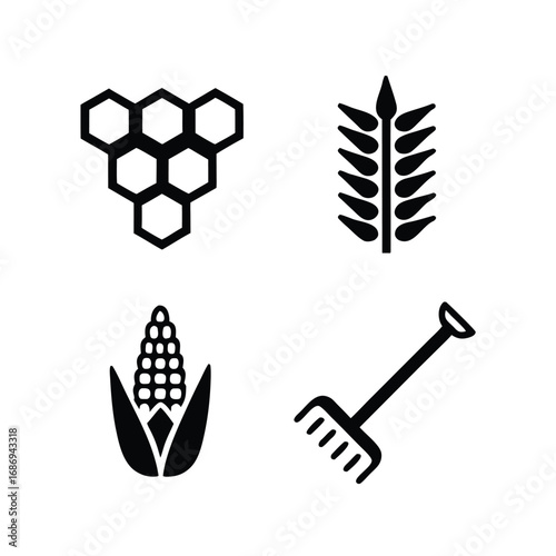 Black icons of honeycomb wheat corn and rake on white background hive cells