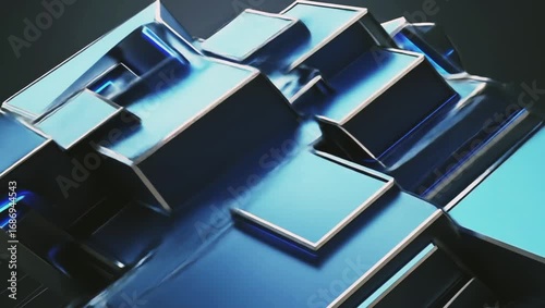 These geometric shapes have a reflective and shiny surface with a mix of dark blue and metallic gray.