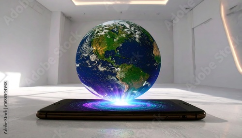 3D Earth hovering over a phone in a white room
