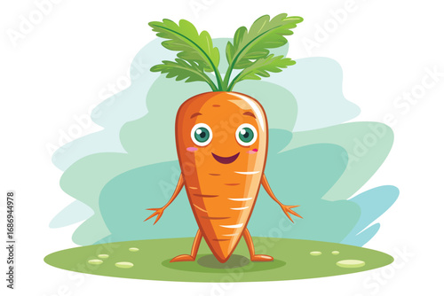 Happy Cartoon Carrot Character Standing on Green Ground with Green Leafy Top and Light Blue Background with White