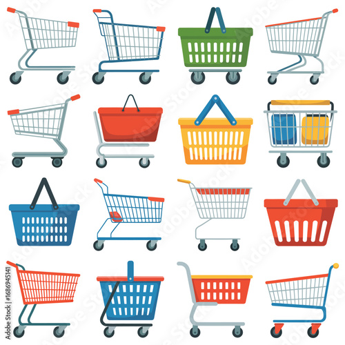 Collection of colorful shopping carts and baskets for retail and grocery stores