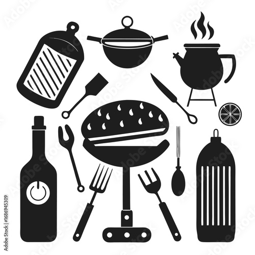Barbecue Celebration Vector Graphic Assortment Featuring Grill Utensils and More for Summertime Picnics and Outdoor Gatherings