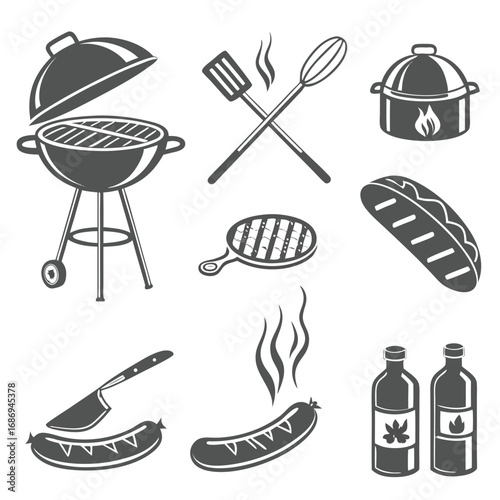 Barbecue Celebration Vector Graphic Assortment Featuring Grill Utensils and More for Summertime Picnics and Outdoor Gatherings