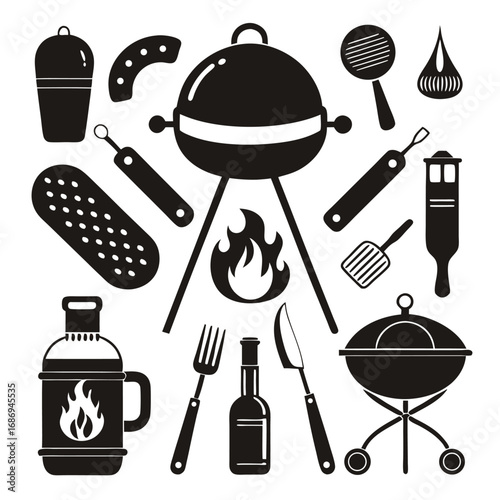 Barbecue Celebration Vector Graphic Assortment Featuring Grill Utensils and More for Summertime Picnics and Outdoor Gatherings