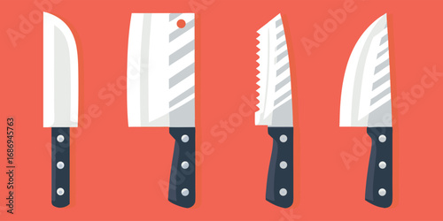 Assortment of Kitchen Knives Displayed on a Reddish Background, Featuring Butcher Knives, Serrated Knives, and a Chef's Knife