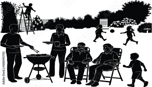 Black Silhouette Family Backyard Barbecue Gathering With Children Playing And Adults Relaxing