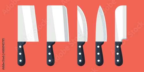 Assortment of Kitchen Knives Displayed on a Reddish Background, Featuring Butcher Knives, Serrated Knives, and a Chef's Knife