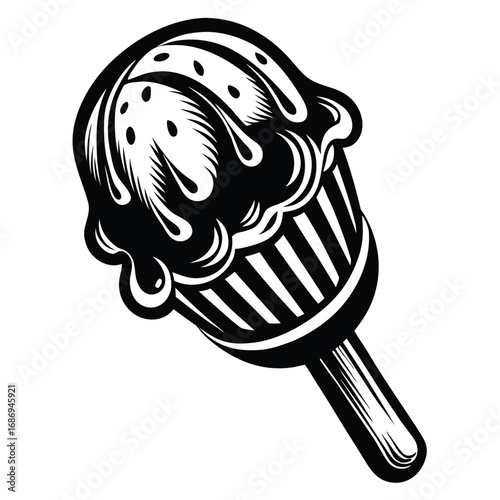Black and White Vector Cartoon Ice Cream Sundae with Toppings and Chocolate Drizzle, a Treat for the Eyes and the Taste Buds