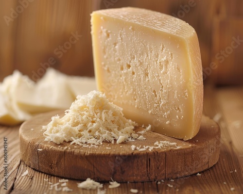 Aromatic Slice of Pecorino Romano Cheese on Rustic Wooden Board with Grated Pile for Italian Dishes