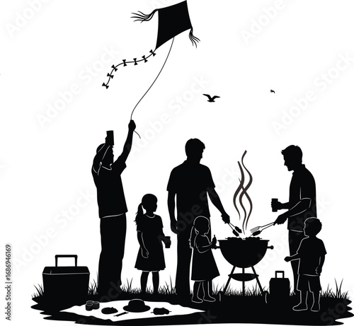 Black Silhouette Family Outdoor Barbecue With Kite Flying And Birds In The Sky grill