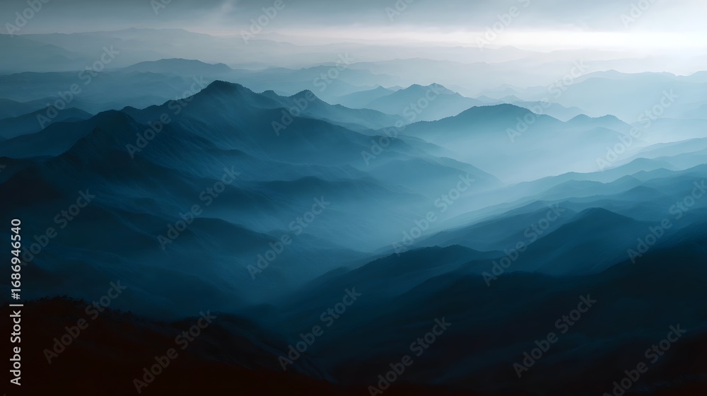 Obraz premium Vast layered blue mountain ranges receding into atmospheric haze under a soft cloudy sky