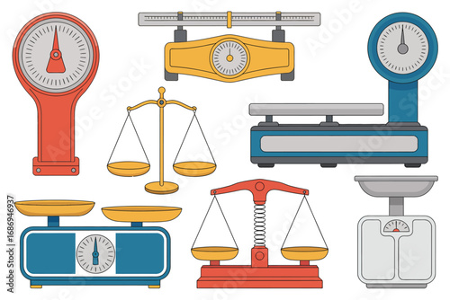 Collection of various types of vintage and modern scales for weighing