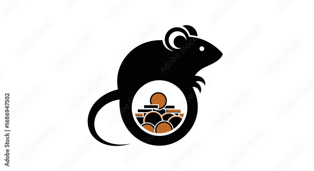 Fototapeta premium Stylized Black Rat Silhouette with Coins Inside its Body.