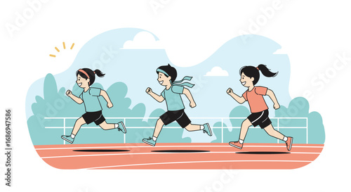 Children competing in a track and field race under a sunny sky on a running track with green trees in the background