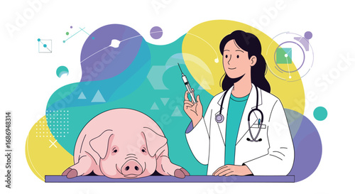 Veterinarian administering vaccination to a piglet during health check examination protocol