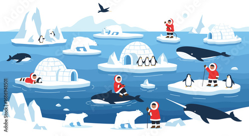 Arctic winter wonderland ice floes with polar bears penguins whales igloos and arctic dwellers enjoying the cold
