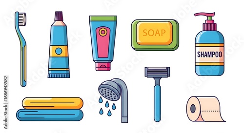 Modern bathroom essentials collection for daily hygiene and personal care routines
