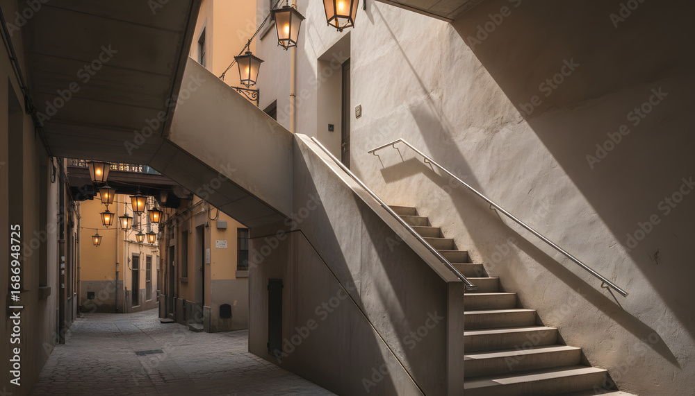 Fototapeta premium Narrow alleyway with stairs and vintage lanterns illuminating the walls.