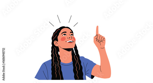 Young woman with braids and a blue shirt gesturing upwards with an idea concept