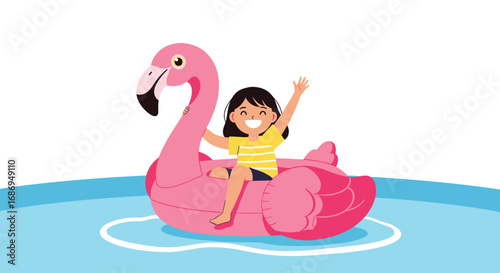 A happy young girl is enjoying a sunny summer day while riding a pink flamingo float in a swimming pool
